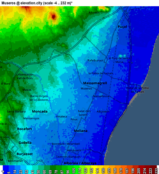 Zoom OUT 2x Museros, Spain elevation map