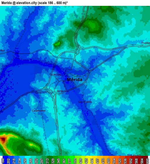 Zoom OUT 2x Mérida, Spain elevation map