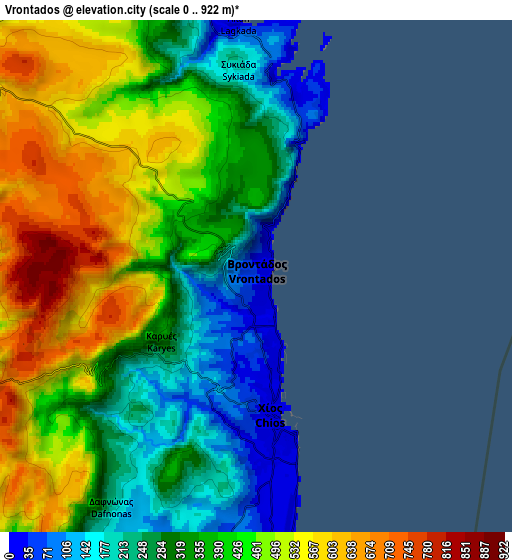 Zoom OUT 2x Vrontádos, Greece elevation map