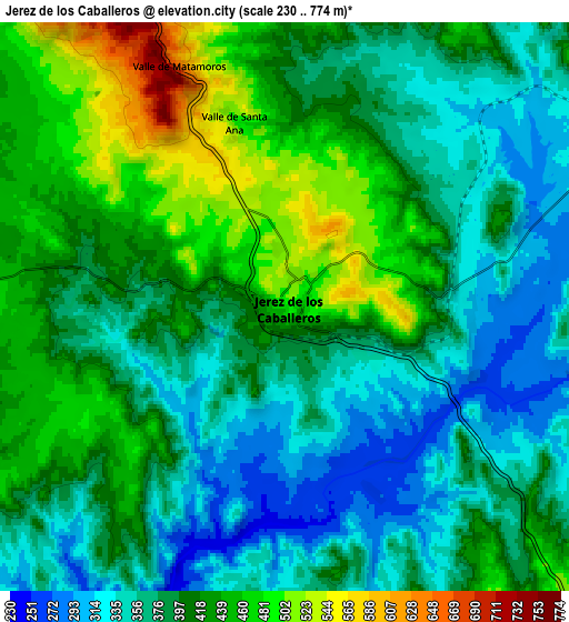 Zoom OUT 2x Jerez de los Caballeros, Spain elevation map