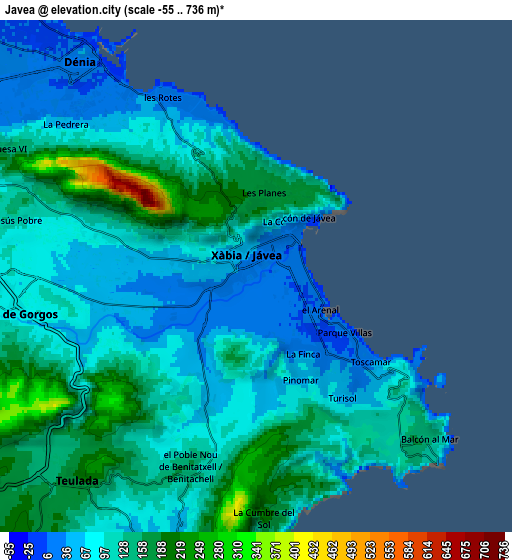 Zoom OUT 2x Javea, Spain elevation map