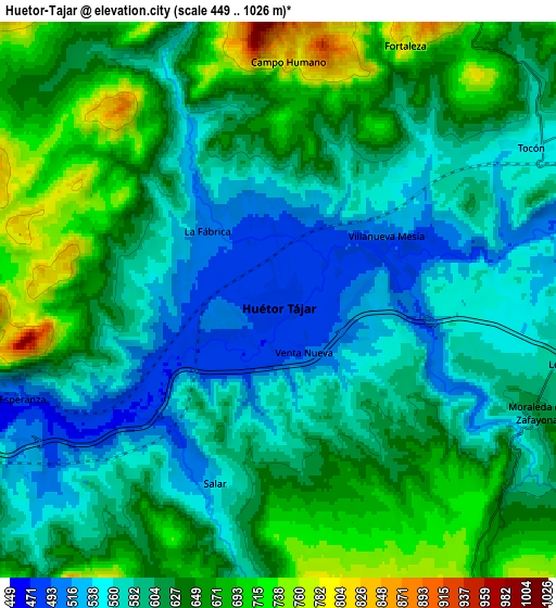 Zoom OUT 2x Huétor-Tájar, Spain elevation map