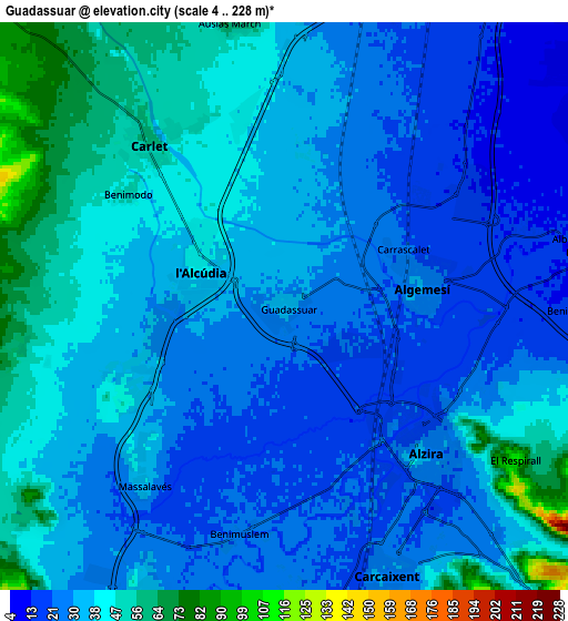 Zoom OUT 2x Guadassuar, Spain elevation map