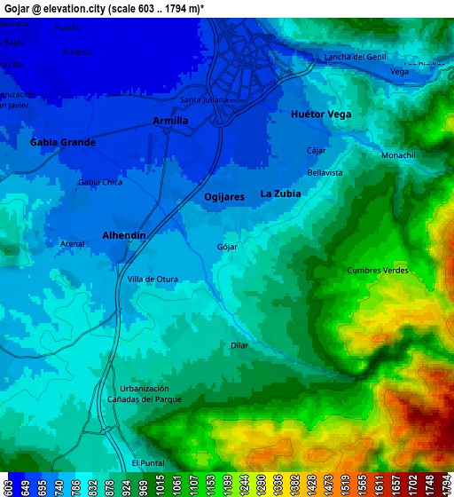 Zoom OUT 2x Gójar, Spain elevation map