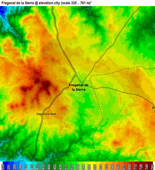 Zoom OUT 2x Fregenal de la Sierra, Spain elevation map