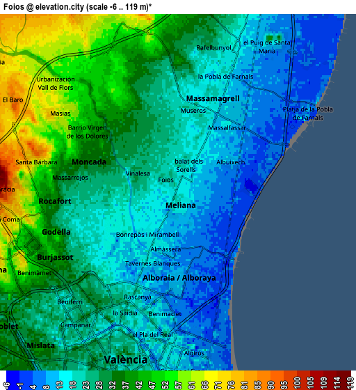 Zoom OUT 2x Foios, Spain elevation map