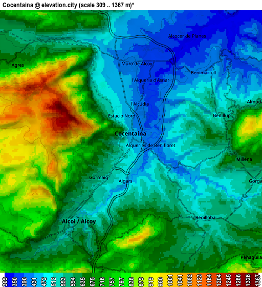 Zoom OUT 2x Cocentaina, Spain elevation map