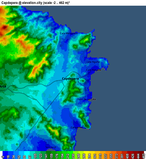 Zoom OUT 2x Capdepera, Spain elevation map