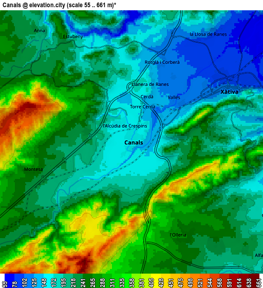 Zoom OUT 2x Canals, Spain elevation map