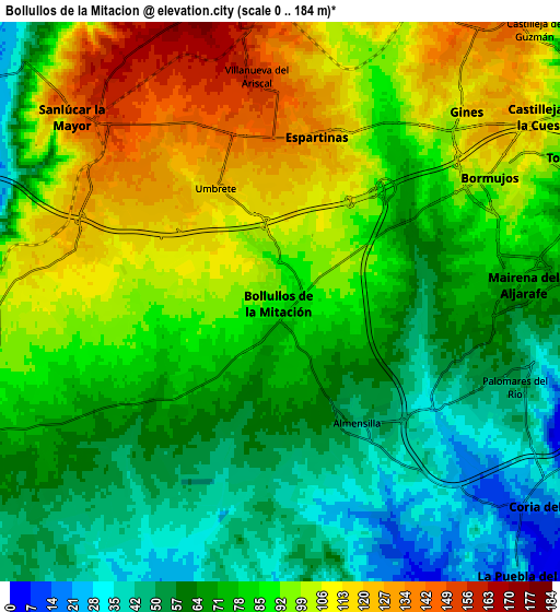 Zoom OUT 2x Bollullos de la Mitación, Spain elevation map