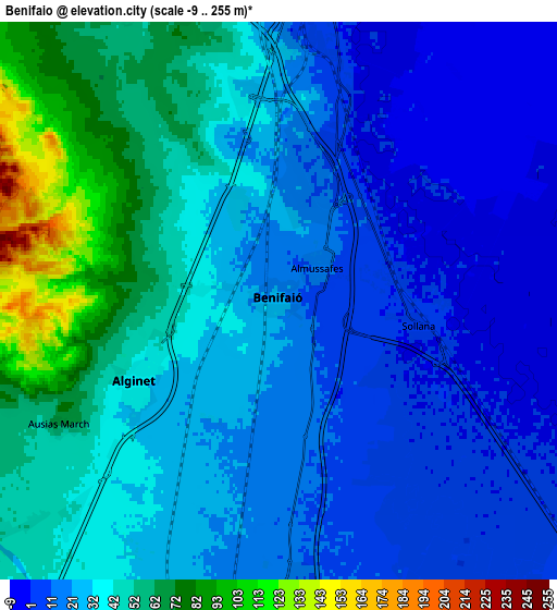 Zoom OUT 2x Benifaió, Spain elevation map