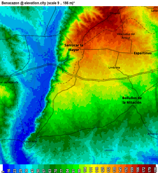 Zoom OUT 2x Benacazón, Spain elevation map