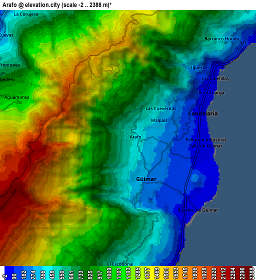 Zoom OUT 2x Arafo, Spain elevation map
