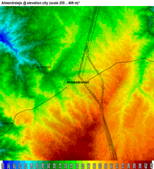 Zoom OUT 2x Almendralejo, Spain elevation map