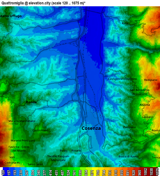 Zoom OUT 2x Quattromiglia, Italy elevation map