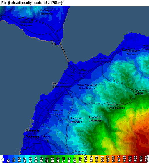 Zoom OUT 2x Río, Greece elevation map