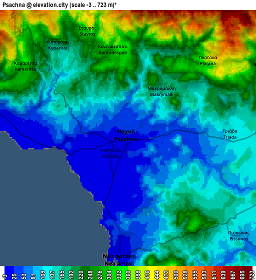 Zoom OUT 2x Psachná, Greece elevation map