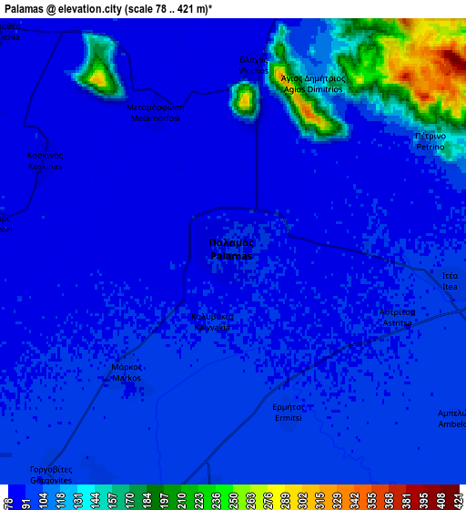 Zoom OUT 2x Palamás, Greece elevation map