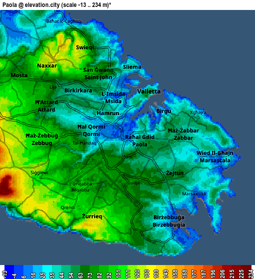 Zoom OUT 2x Paola, Malta elevation map