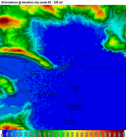 Zoom OUT 2x Orchomenós, Greece elevation map