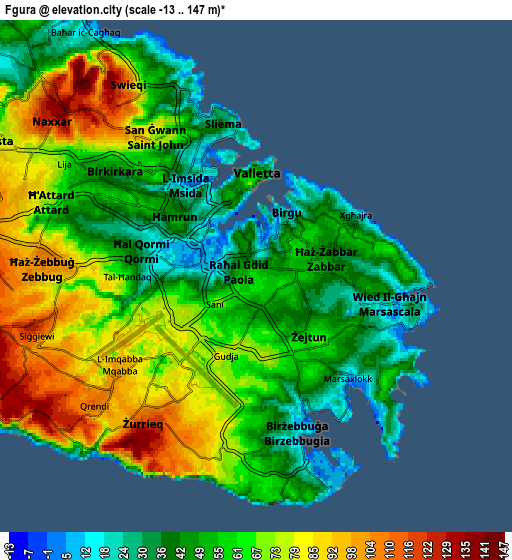 Zoom OUT 2x Fgura, Malta elevation map