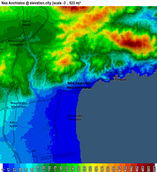 Zoom OUT 2x Néa Anchiálos, Greece elevation map