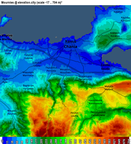 Zoom OUT 2x Mourniés, Greece elevation map