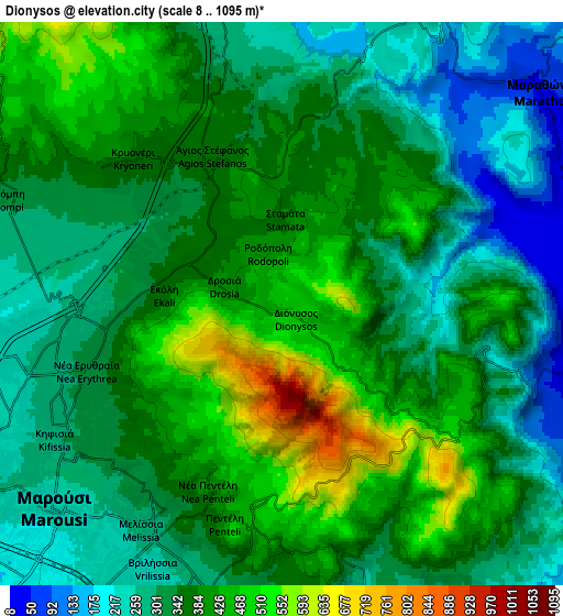 Zoom OUT 2x Diónysos, Greece elevation map