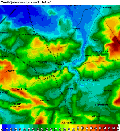 Zoom OUT 2x Yeovil, United Kingdom elevation map