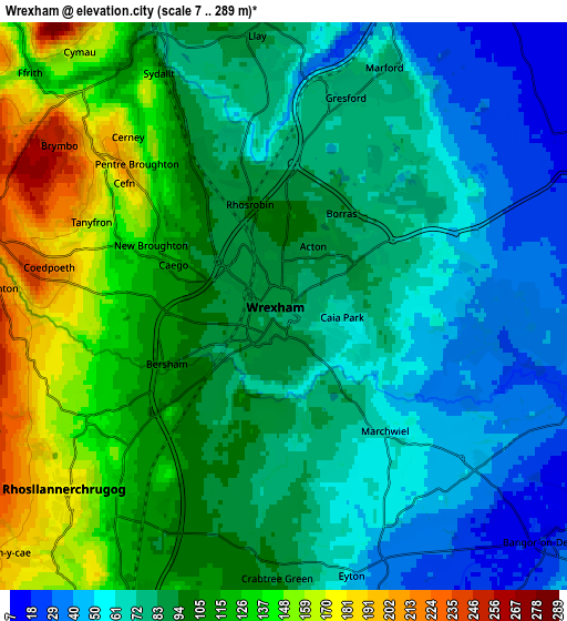 Zoom OUT 2x Wrexham, United Kingdom elevation map