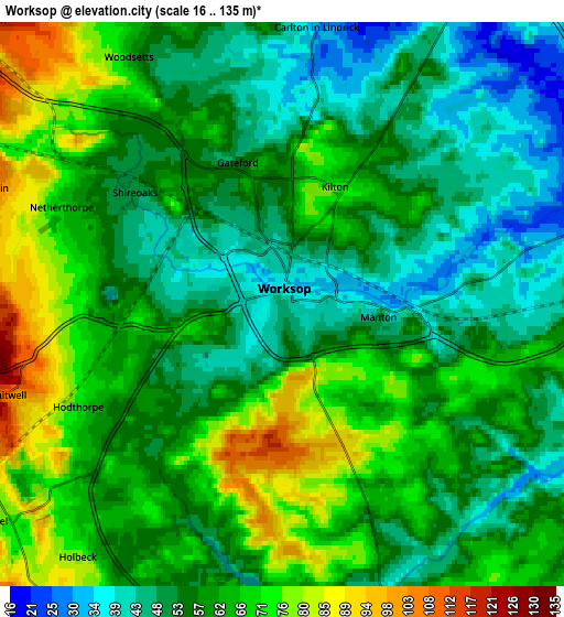 Zoom OUT 2x Worksop, United Kingdom elevation map