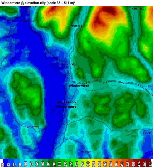 Zoom OUT 2x Windermere, United Kingdom elevation map