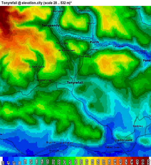 Zoom OUT 2x Tonyrefail, United Kingdom elevation map
