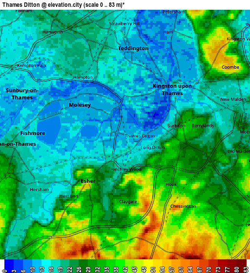Zoom OUT 2x Thames Ditton, United Kingdom elevation map