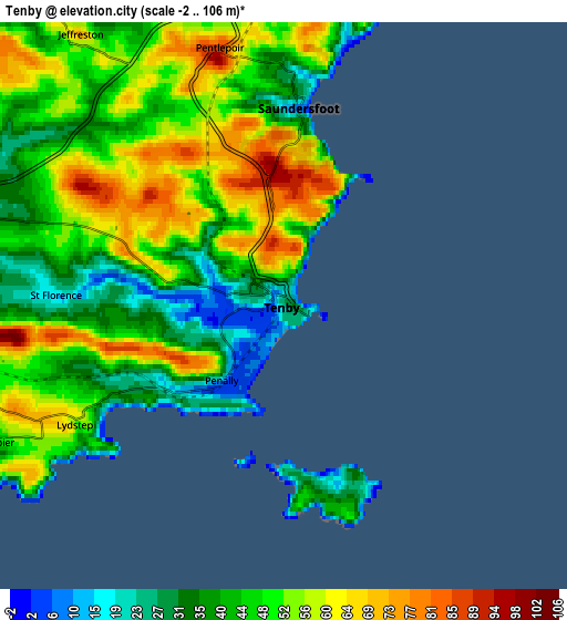 Zoom OUT 2x Tenby, United Kingdom elevation map