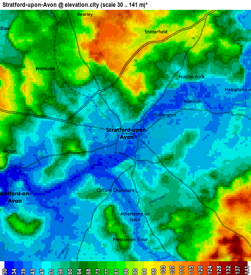 Zoom OUT 2x Stratford-upon-Avon, United Kingdom elevation map