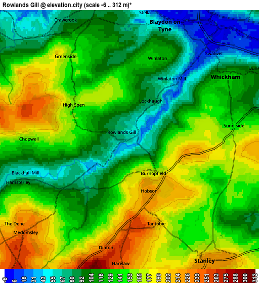 Zoom OUT 2x Rowlands Gill, United Kingdom elevation map