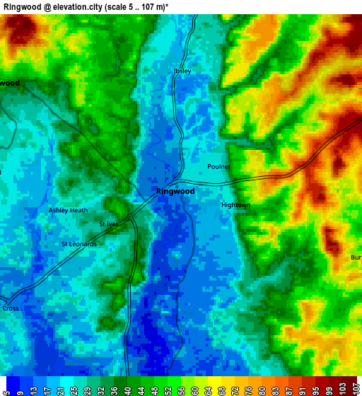 Zoom OUT 2x Ringwood, United Kingdom elevation map