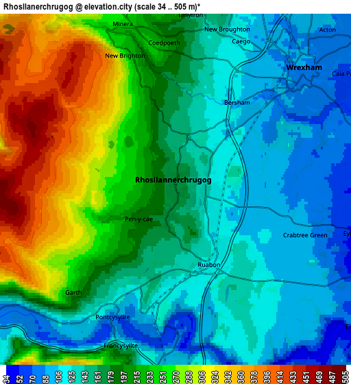 Zoom OUT 2x Rhosllanerchrugog, United Kingdom elevation map