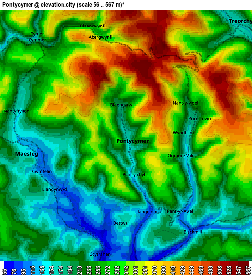 Zoom OUT 2x Pontycymer, United Kingdom elevation map