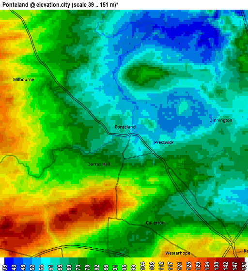 Zoom OUT 2x Ponteland, United Kingdom elevation map