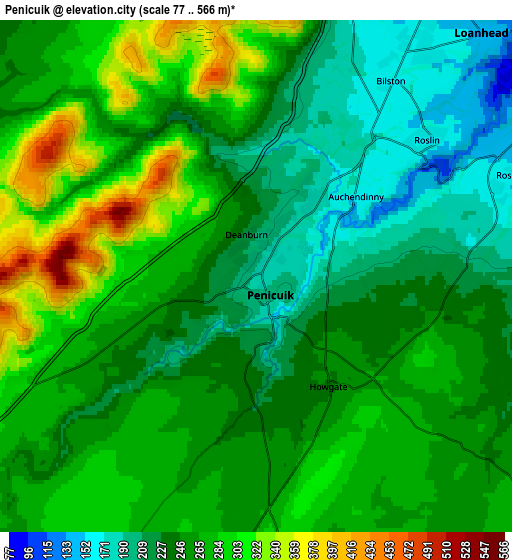 Zoom OUT 2x Penicuik, United Kingdom elevation map