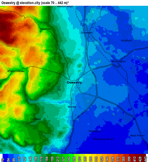 Zoom OUT 2x Oswestry, United Kingdom elevation map