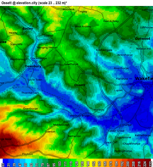 Zoom OUT 2x Ossett, United Kingdom elevation map
