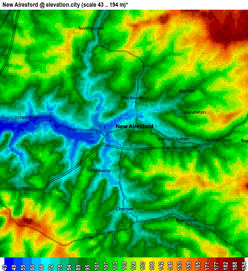 Zoom OUT 2x New Alresford, United Kingdom elevation map