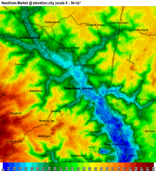 Zoom OUT 2x Needham Market, United Kingdom elevation map