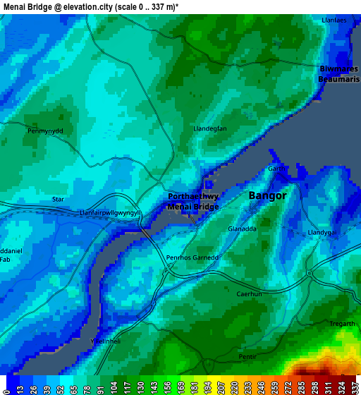 Zoom OUT 2x Menai Bridge, United Kingdom elevation map