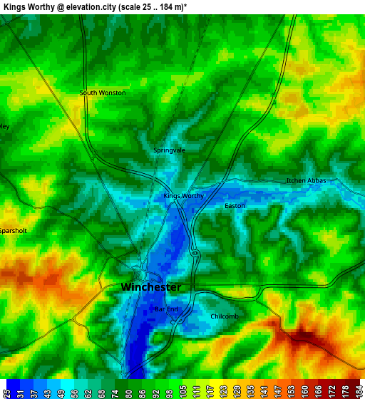 Zoom OUT 2x Kings Worthy, United Kingdom elevation map