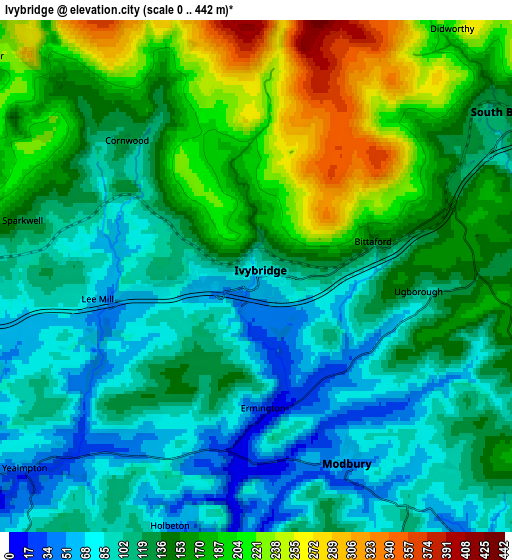 Zoom OUT 2x Ivybridge, United Kingdom elevation map