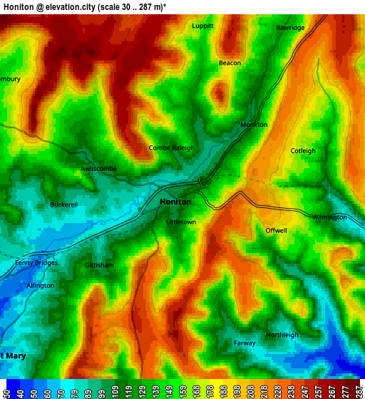 Zoom OUT 2x Honiton, United Kingdom elevation map